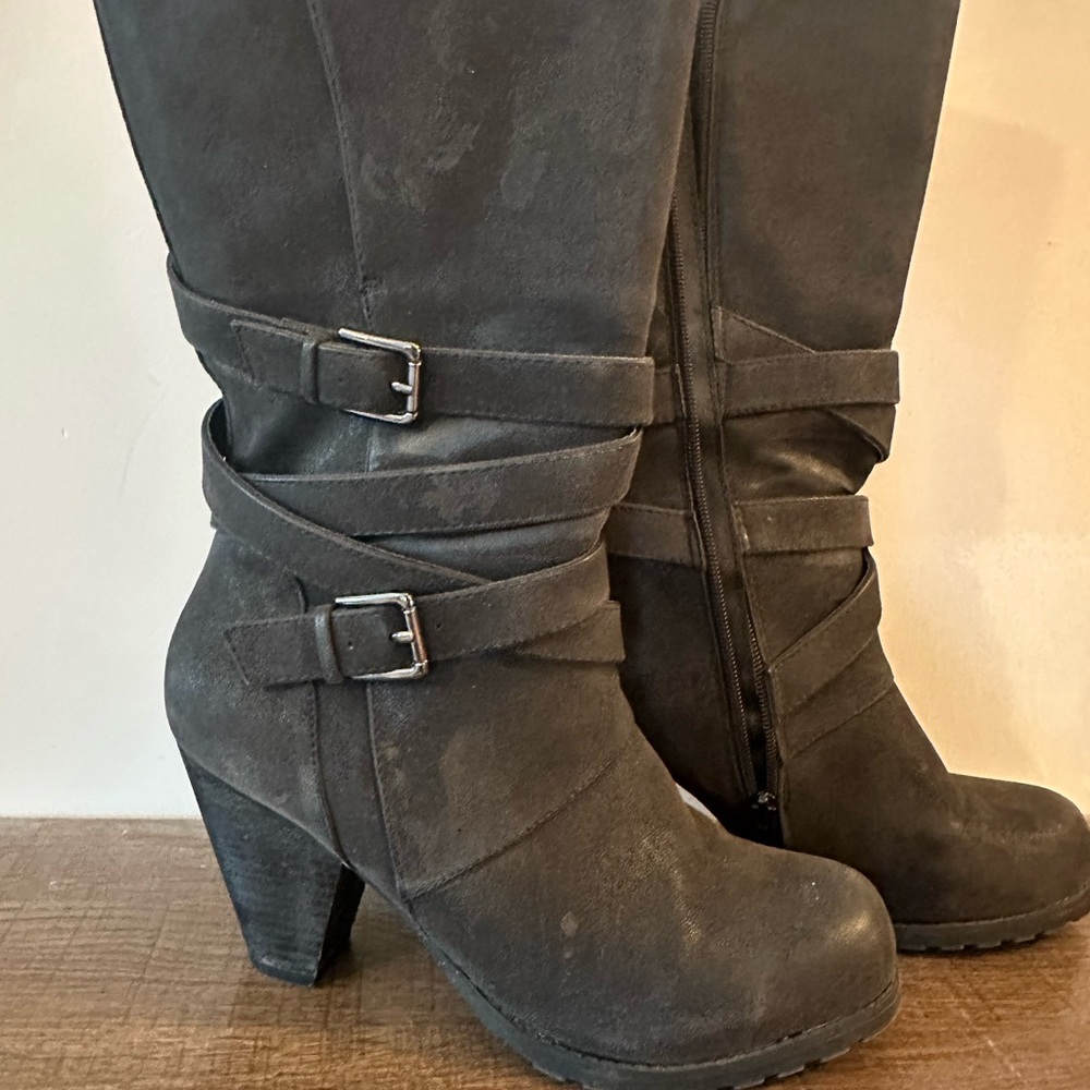 Charcoal Gray Levity heeled buckle boots